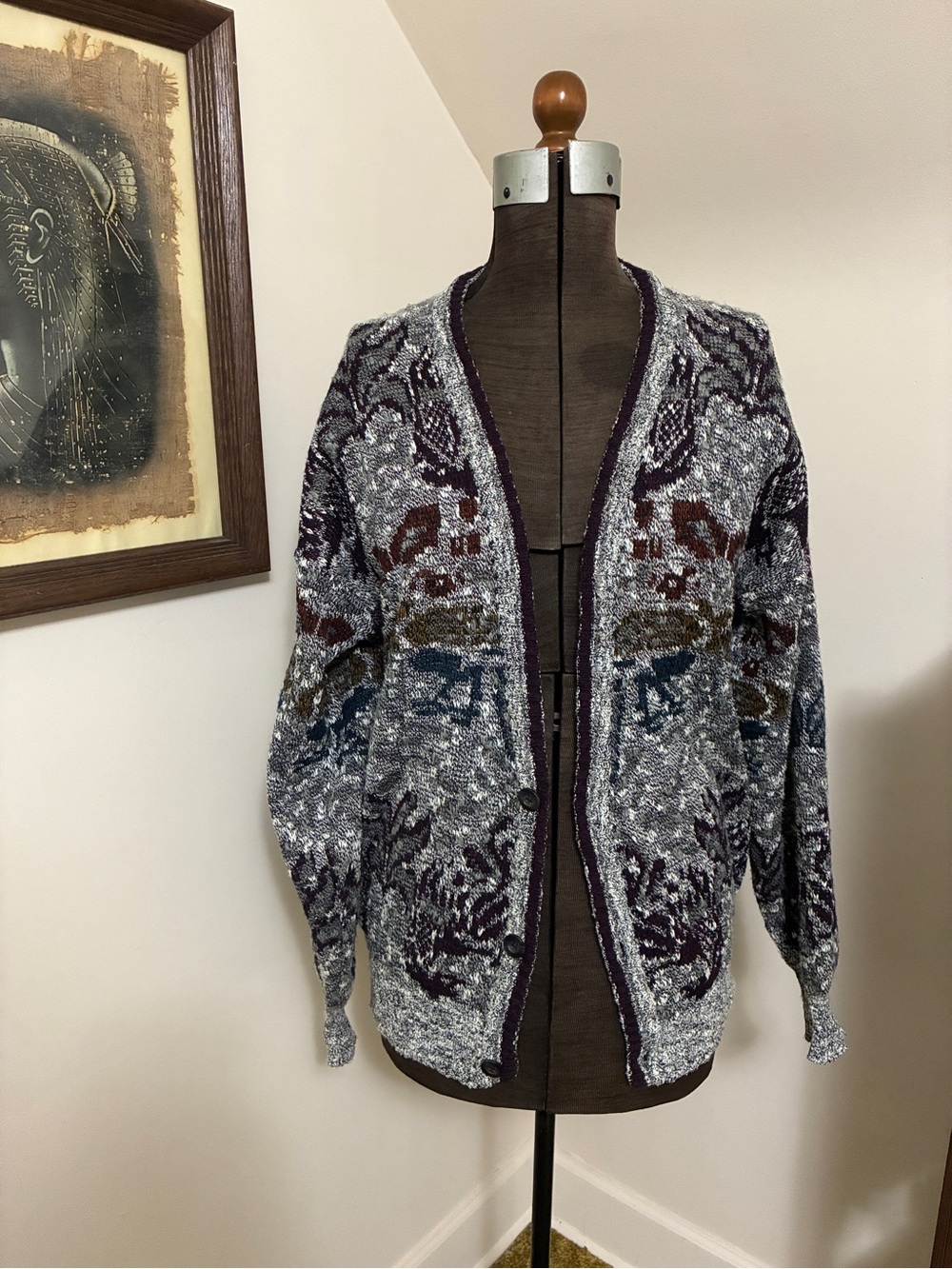 Vintage Michael Gerald Heather Gray and Jewel-Tone Patterned Cardigan